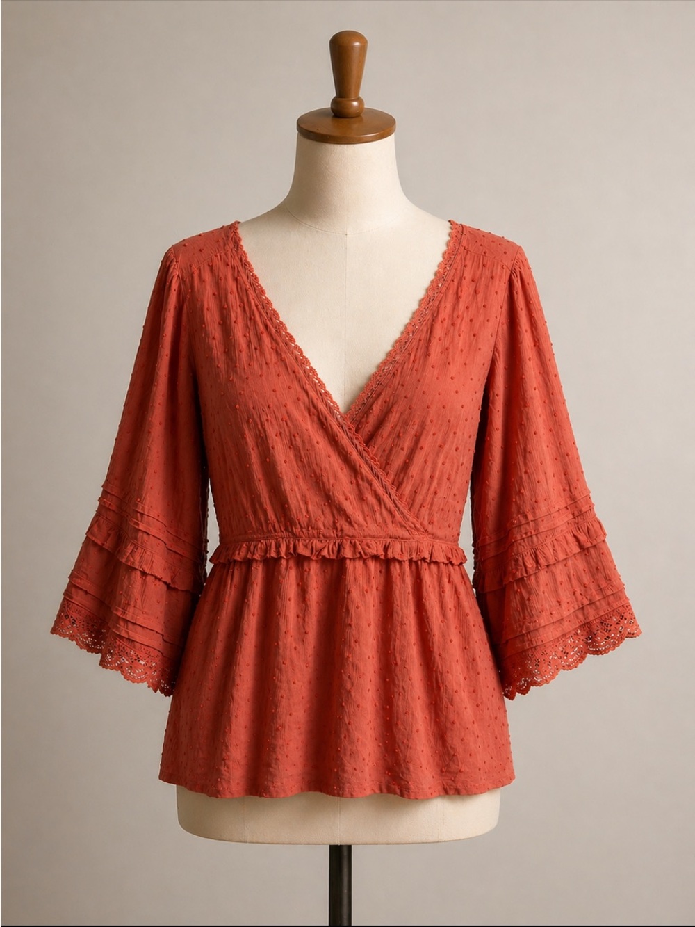 L Love Women's Burnt Orange
Swiss Dot Bell Sleeves Tie Back
Boho Blouse Top